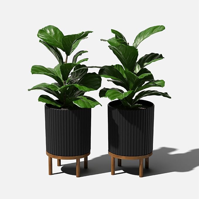 Veradek Demi Series Round Planter w/Stand for Porch/Patio | Durable Plastic-Stone Composite & Wooden Stand | Modern Décor for Tall Plants, Flowers