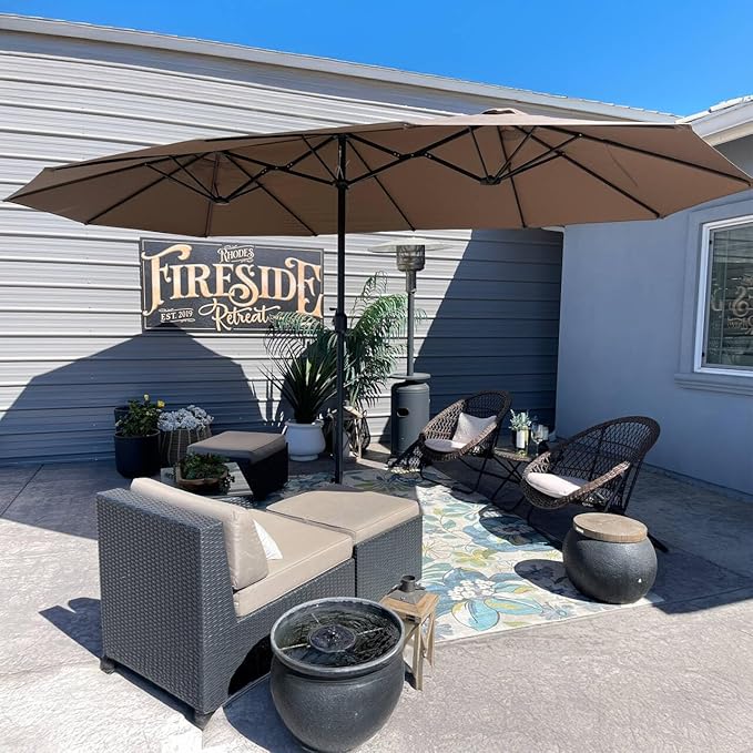 PURPLE LEAF 15ft Patio Market Umbrella with Base Double-Sided Rectangle Outdoor Table Sun Umbrellas with Crank 12 Heavy Duty Sturdy Ribs for Pool Beach Deck Backyard Taupe