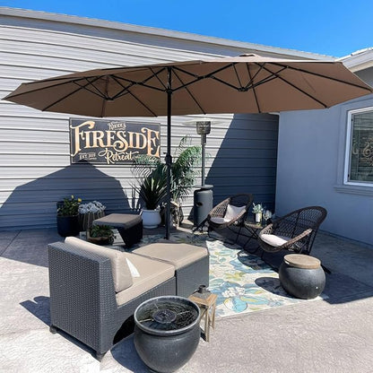 PURPLE LEAF 15ft Patio Market Umbrella with Base Double-Sided Rectangle Outdoor Table Sun Umbrellas with Crank 12 Heavy Duty Sturdy Ribs for Pool Beach Deck Backyard Taupe