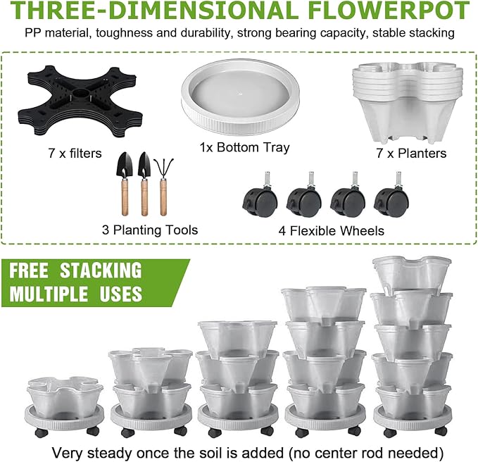 Vertical Strawberry Planter 7 Tier Stackable Tower Herb Planters-Stacking Garden Outdoor Grey Planter Pot with Tools Mover for Succulents, Vegetables and Flowers