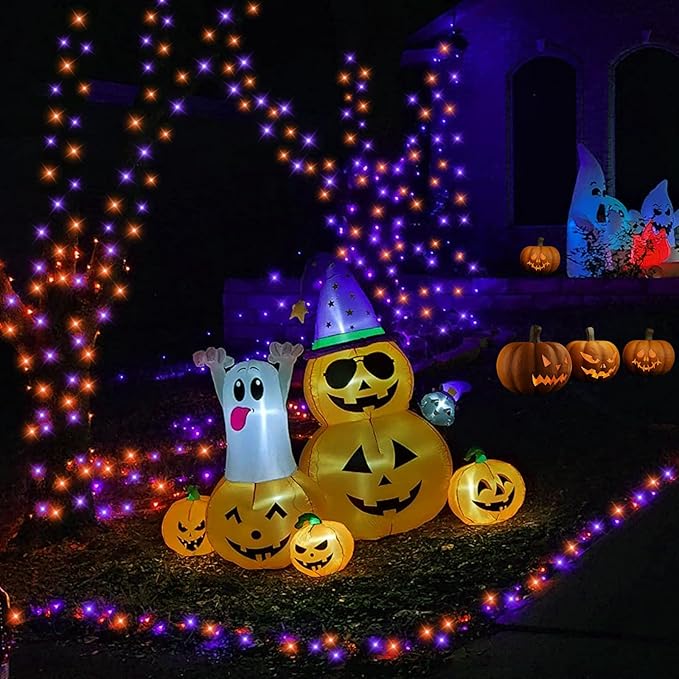 YEGUO Orange and Purple Halloween Lights Outdoor Waterproof, 4 Packs Each 33ft 100 LED Solar Fairy Light,8 Modes Black Wire String Lights