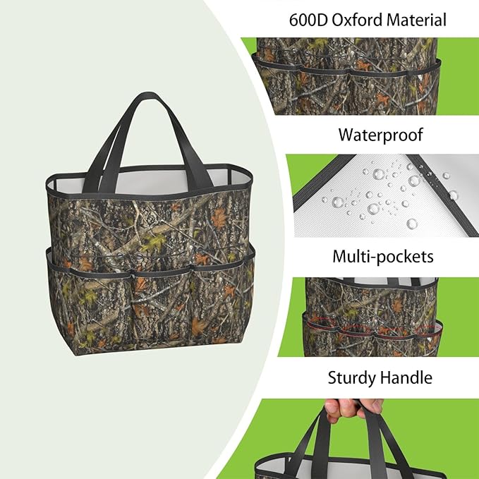 Green Camo Garden Tool Bag - Waterproof Garden Tote with 8 Pockets, Large Storage Home Organizer Gardening Tool Oxford Bag for Garden Tools Kits Holder, Ideal Outdoor Gardening Gift for Women & Men