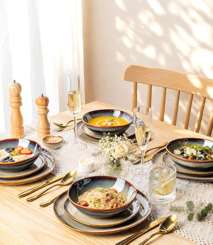TheTerra Ceramic Dinnerware Sets for 4, 12 Pieces Porcelain Lightweight Plates and Bowls Sets, Scratch Resistant Dish Set, Oven & Microwave & Dishwasher Safe, Coca Mocha