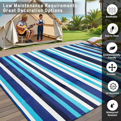 HUGEAR Outdoor Waterproof Rug 10'x14' Plastic Straw Rugs Washable Reversible Floor Mat Blue Stripe Carpet for Camping RV Deck Entryance Porch Picnic Balcony Beach Backyard