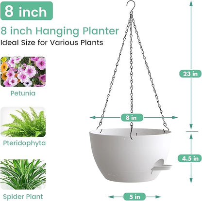 UOUZ 4 Pack 8 Inch Self Watering Hanging Planters for Indoor Outdoor Plants，Hanging Pots for Plants with Drainage Removable Tray, Hanging Baskets Flower Pots for Ivy Pothos Spider Garden Porch White