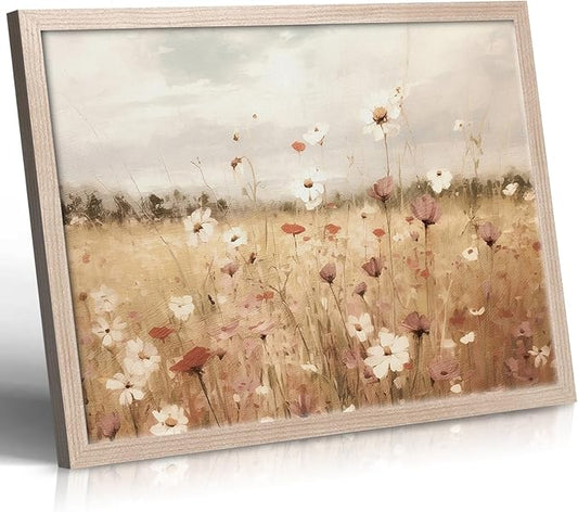Framed Vintage Wildflower Wall Decor Light Colored Wildflower Print Country Floral Canvas Painting Natural Botanical Landscape Wall Decor for Farmhouse Living Room or Bedroom 16x24 Inch