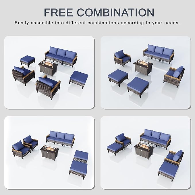 8 Pieces Outdoor Patio Furniture Set, Wicker Rattan Conversation Set with Fire Pit Table and Foot Rest, Sectional Modular Sofa Couches Chairs Ottomans for Deck, Balcony, Backyard, Yard (Blue Cushions)