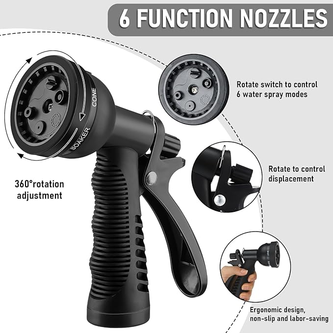 Pangda 50 Ft x 3/8'' Coil Garden Hose EVA Recoil Garden Self Coiling Expanding Water Hose with 6 Function Spray Nozzle Universal 3/4'' Brass Connector Fitting for Outdoor Yard(Black)