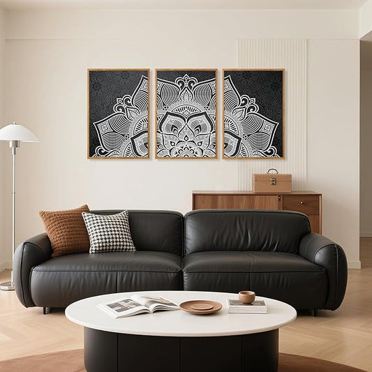 CHDITB Lotus Flower Framed Canvas Wall Art Set, Mandala Wall Decor for Yoga Room, Black and White Spiritual Wall Painting, Vintage Meditation Art Prints for Zen Living Room, Bedroom, Office 16"x24"x3