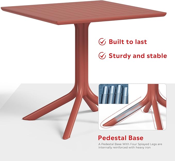 Costaelm 5 Piece Patio Furniture Set, HDPE Patio Square Bistro Table and Stackable Chairs Sets for 4, Outdoor Furniture All Weather for Backyard Poolside, Red