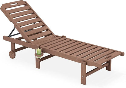 SERWALL Patio Chaise Lounge, HDPE Outdoor Lounge Chair with Cup Holder, 5 Positions Adjustable Poly Lounge Chair with Rolling Wheels for Poolside, Deck, Sunbathing, Brown