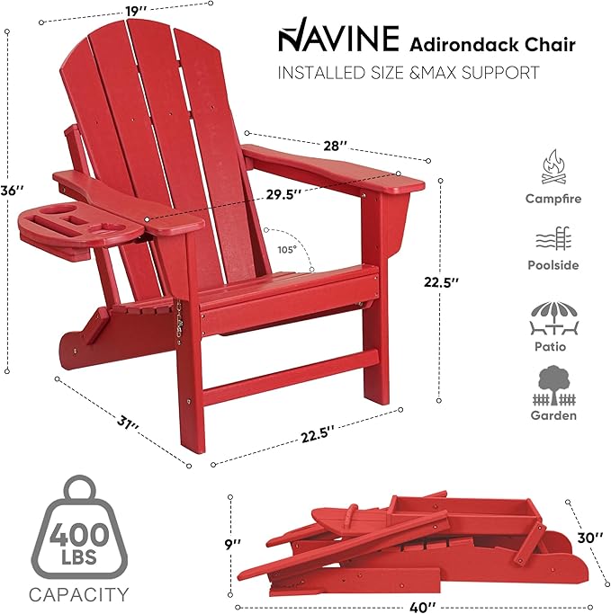 Adirondack Chair Set of 8, HDPE Folding Adirondack Chair with Multifunctional Cup Holder, Weather Resistant Fire Pit Chair for porches, patios, poolsides, Decks.