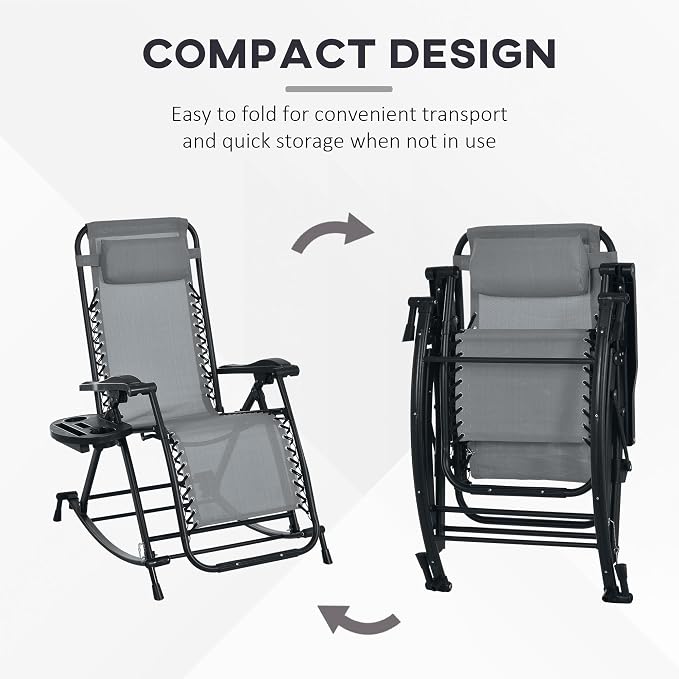 Outsunny Set of 2 Outdoor Rocking Chairs, Foldable Reclining Zero Gravity Lounge Rocker with Pillow, Cup & Phone Holder, Combo Design with Folding Legs, Gray
