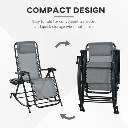 Outsunny Set of 2 Outdoor Rocking Chairs, Foldable Reclining Zero Gravity Lounge Rocker with Pillow, Cup & Phone Holder, Combo Design with Folding Legs, Gray