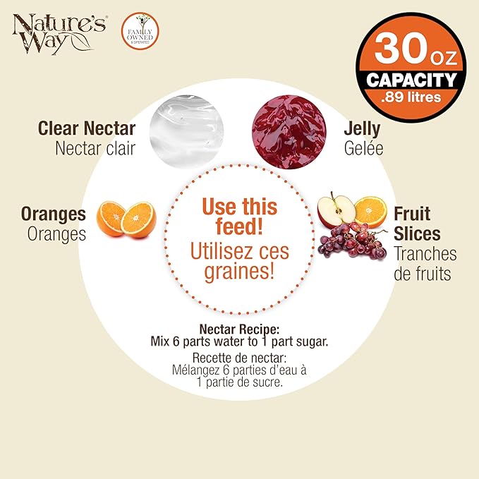 Nature's Way Hanging Glass Oriole Feeder for Outdoor Décor, 30 Ounce Capacity Nectar Feeder, Jelly Dishes, Orange Fruit Holders, 4 Eash to Clean Flexible Ports, Ant Moat, Bee Guards, Orange