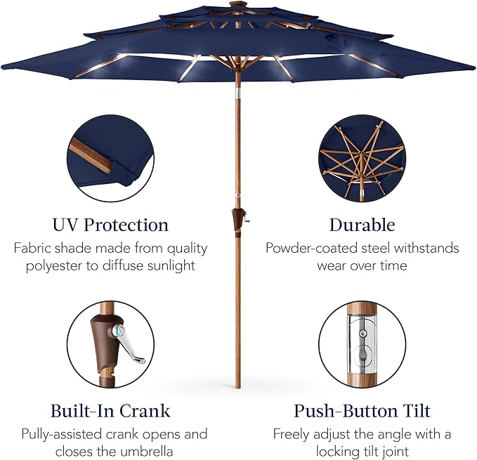 Best Choice Products 10ft 3-Tier Solar Patio Market Umbrella, Outdoor Sun Shade for Backyard, Deck, Poolside, Table w/Woodgrain Pattern, LED Lights, Tilt Adjustment - Navy Blue