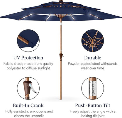 Best Choice Products 10ft 3-Tier Solar Patio Market Umbrella, Outdoor Sun Shade for Backyard, Deck, Poolside, Table w/Woodgrain Pattern, LED Lights, Tilt Adjustment - Navy Blue