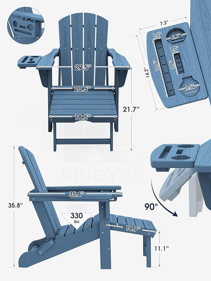 KINGYES Adjustable Folding Adirondack Chair with Footrest & 4-in-1 Multi-Functional Armrest Organizer, HDPE Foldable Reclining Adirondack Chair with Pull-Out Ottoman, Blue