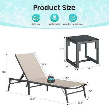 Amopatio Outdoor Lounge Chairs Poolside Chaise Lounge for Patio Set of 2 | with Side Table Foldable Stackble Fully Assembled Weather Resistant 5-Position Adjustable Backrest 400LBS Capacity