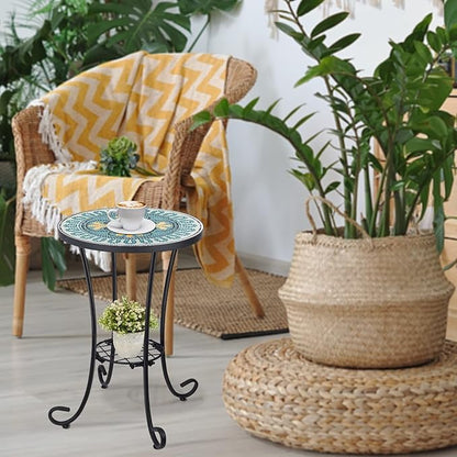 VCUTEKA Outdoor Side Table Mosaic Patio Table Accent Tables Mosaic Tile Top Metal Frame Small End Tables Porch Beach Patio Garden Balcony Green 14''