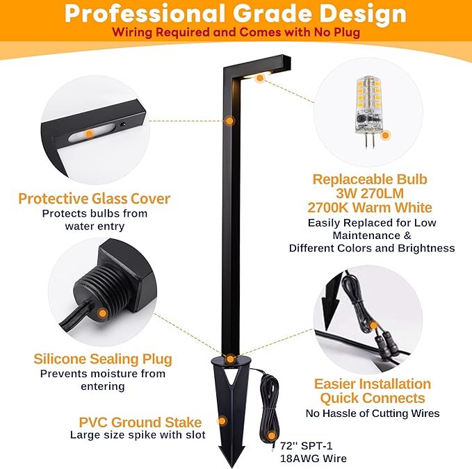 Gardenreet LED Pathway Lights Brass, 12V Landscape Path Lights Wired, Low Voltage Walkway Lights Outdoor Waterproof, L Shape Black for Backyard Garden with 3W 270LM 2700K G4 Bulb 8 Pack