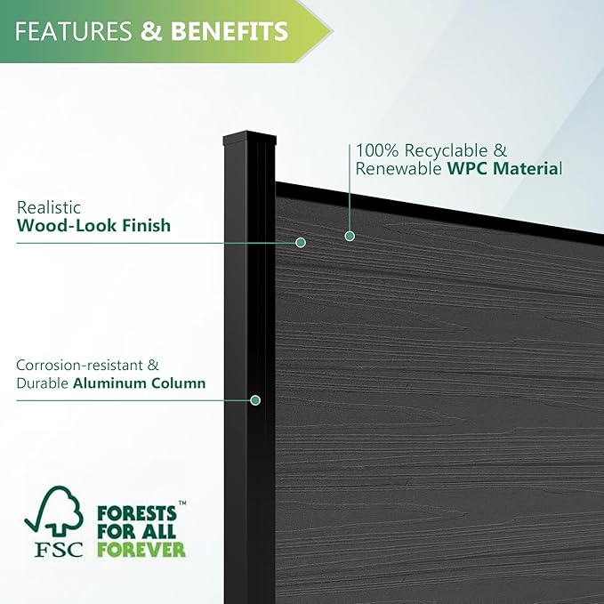 Mondaria Fence Privacy Screen with 8ft In-ground Posts, 6ft(H) x 6ft(W) Wood Plastic Composite Fence Panels Weather-Resistant Outdoor Fence for Backyard/Garden (Silver Gray, 1 Post)