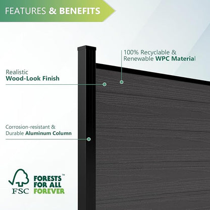 Mondaria Fence Privacy Screen with 8ft In-ground Posts, 6ft(H) x48t(W) Wood Plastic Composite Fence Panels Weather-Resistant Outdoor Fence for Backyard/Garden (Silver Gray, 9 Posts)