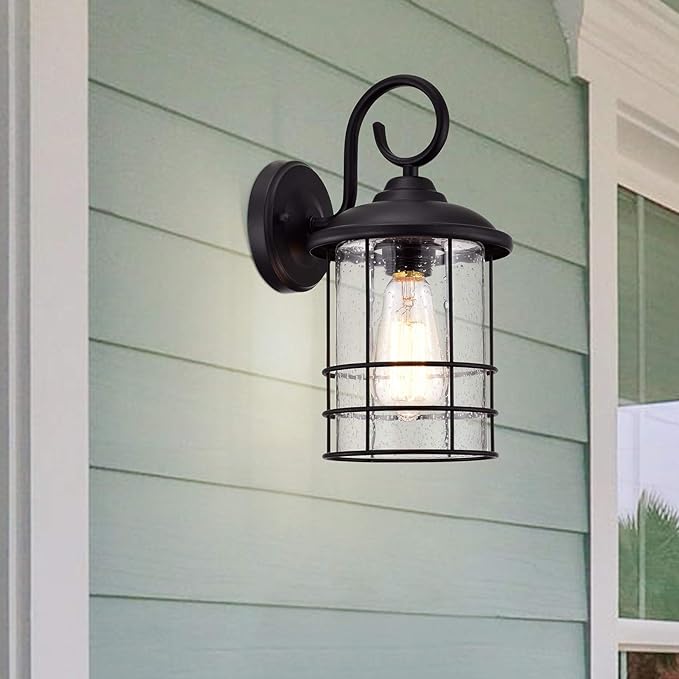 MICSIU 12 Inch Outdoor Wall Lantern 2 Pack, Textured Black Exterior Wall Sconce with Clear Seedy Glass, Waterproof Outside Porch Lights for House, Entryway, Home, Patio, Garage, Doorway