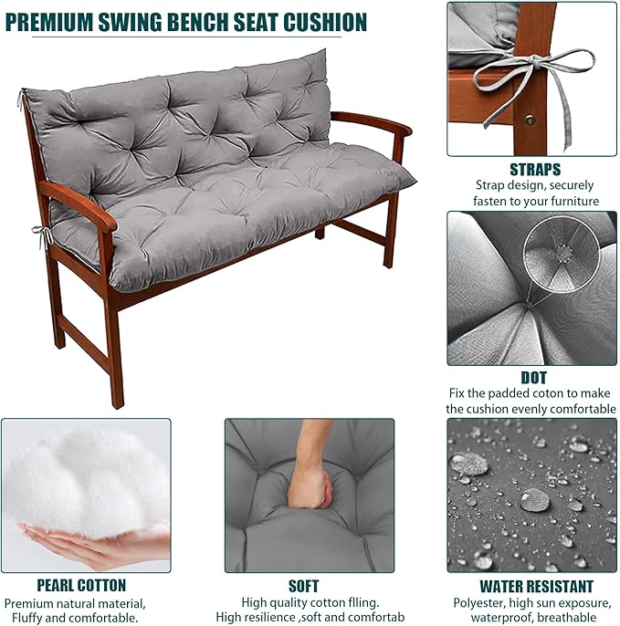 Swing Replacement Seat Cushions, 2-3 Seater Bench Cushions for Outdoor Furnitur with Backrest, Garden Recliner Seat Cushions Waterproof Sofa Pads (Light Gray, 71x40in)