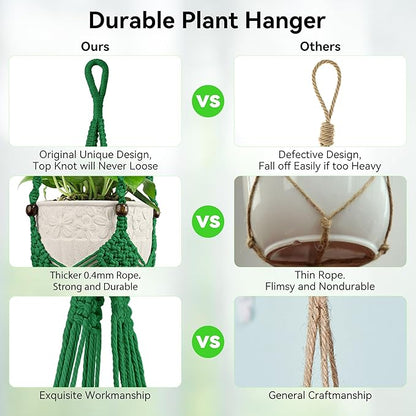 USLAI Macrame Plant Hanger Indoor Outdoor, Fits 3 to 6.5 inch Pots, Hanging Planter Holder with Beads and Tassels, Boho Home Decor, 35+35 Inch, Green (POTS NOT Included)