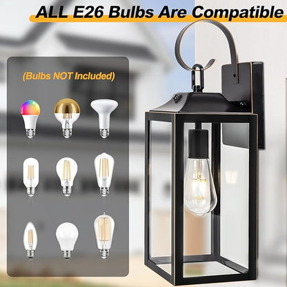 Large Dusk to Dawn Outdoor Wall Light, 19" Black Outside Farmhouse Wall Sconce, Industrial Wall Mount Light Fixture, Waterproof Modern Porch Lighting Exterior Lamp for House -with Gold Trim