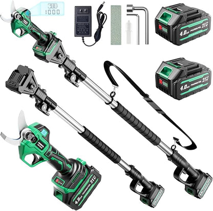 2.5" Cutting Diameter, 2-in-1 Pole Electric Pruning Shears - Brushless Motor, 15ft Reach,21V Dual 4.0Ah Batteries, Extra Sk7 Blade, Stainless Steel Pole, 2 Modes Adjustable for Tree & Flower