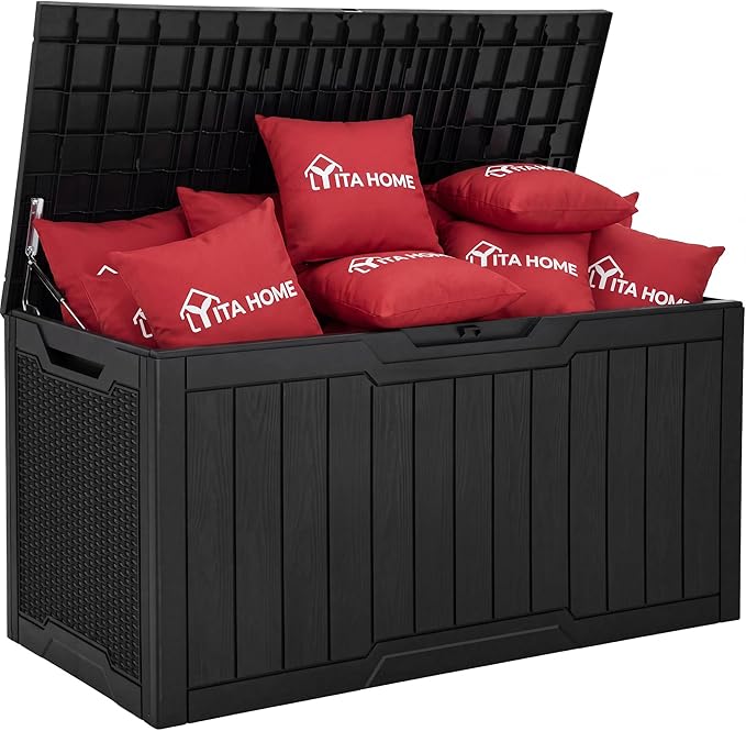 YITAHOME 100 Gallon Large Outdoor Deck Box, Waterproof Resin Storage Box, Lockable Indoor Outdoor Storage Container for Patio Furniture Cushions, Pool Accessories, Garden Tools, Black