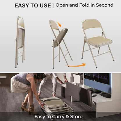 VINGLI 10 Pack Folding Chairs with Padded Seats, Metal Frame with Pu Leather Seat & Back, Capacity 350 lbs, Set of 10, Khaki