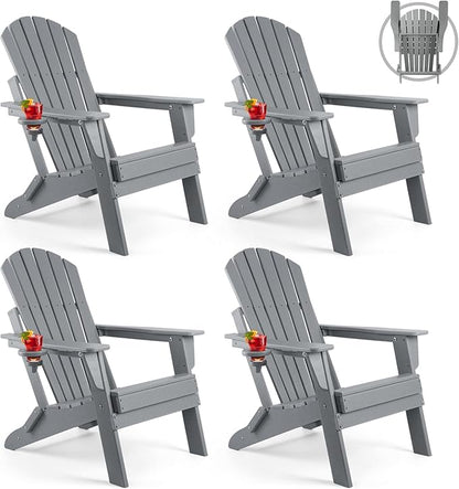 FUNBERRY Folding Adirondack Chair Set of 4, All Weather HDPE Fire Pit Chairs with Cup Holder for Outdoor