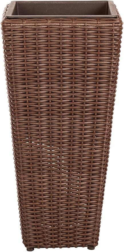 Balkene Home 62501 Alto Wicker All-Weather Planter Set with Liners Tall Plant Decor Box for Outdoors Patio Herb Garden Furnishings - Mocha - Pack of 2