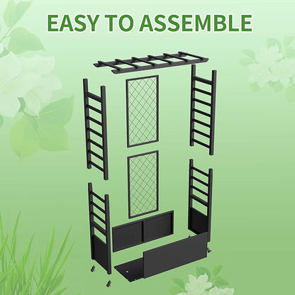 74" Mobile Planter with Trellis,Weatherproof Vertical Raise Garden Bed with Trellis & Hanging Roof for Climbing Plants,Flowers,Vegetables,Rust-Proof Metal Privacy Planter for Patio (Black-A)