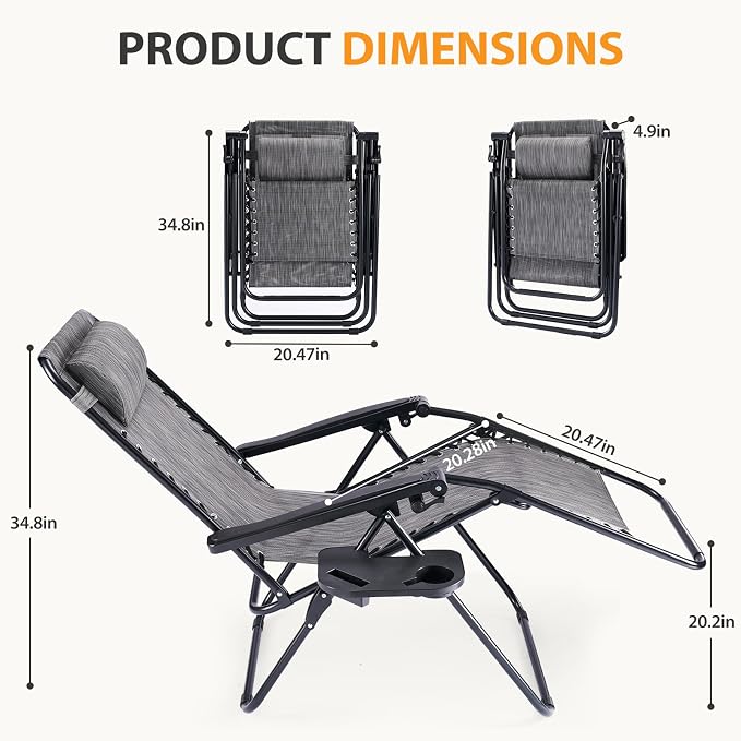 NEWBULIG Zero Gravity Chairs Set of 2, Lounge Chair Folding Portable Adjustable Camping Recliner with Adjustable Pollow, Mesh Back, Cup Holder Trays Lawn Patio Chair for Pool Beach