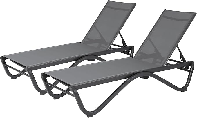 Kozyard Outdoor Chaise Lounge Chair, All Aluminum Frame and Textilene Fabric, Fully Flat Adjustable Reclining Patio Lounger for Poolside, Sunbathing & Backyard (Gray, 2Chairs)