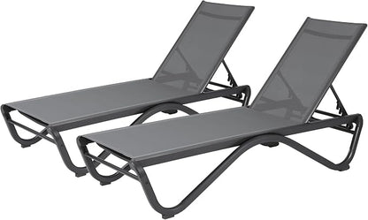 Kozyard Outdoor Chaise Lounge Chair, All Aluminum Frame and Textilene Fabric, Fully Flat Adjustable Reclining Patio Lounger for Poolside, Sunbathing & Backyard (Gray, 2Chairs)