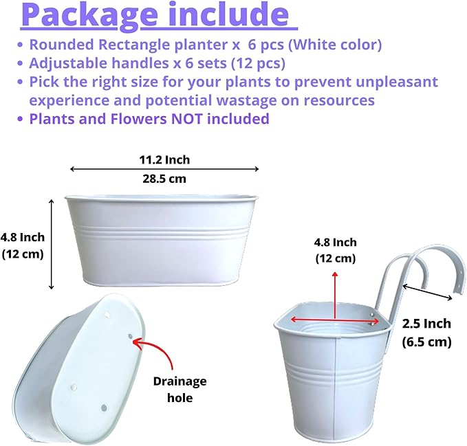 LaLaGreen Rail Planters for Outdoor (6 Pack, 11.2 Inch) White Metal Iron Hanging Flower Pots, Deck Railing Strawberry Planter Fence Bucket Wall Mount Window Box Plant Holder with Hooks Porch Decor