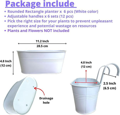 LaLaGreen Rail Planters for Outdoor (6 Pack, 11.2 Inch) White Metal Iron Hanging Flower Pots, Deck Railing Strawberry Planter Fence Bucket Wall Mount Window Box Plant Holder with Hooks Porch Decor