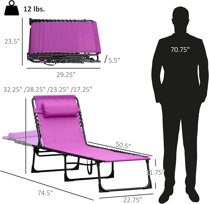 Outsunny Folding Chaise Lounge Chair, Patio Sun Tanning Chair, Outdoor Chaise Lounger with 4-Position Reclining Back, Breathable Mesh Seat for Beach, Poolside, Yard, Purple