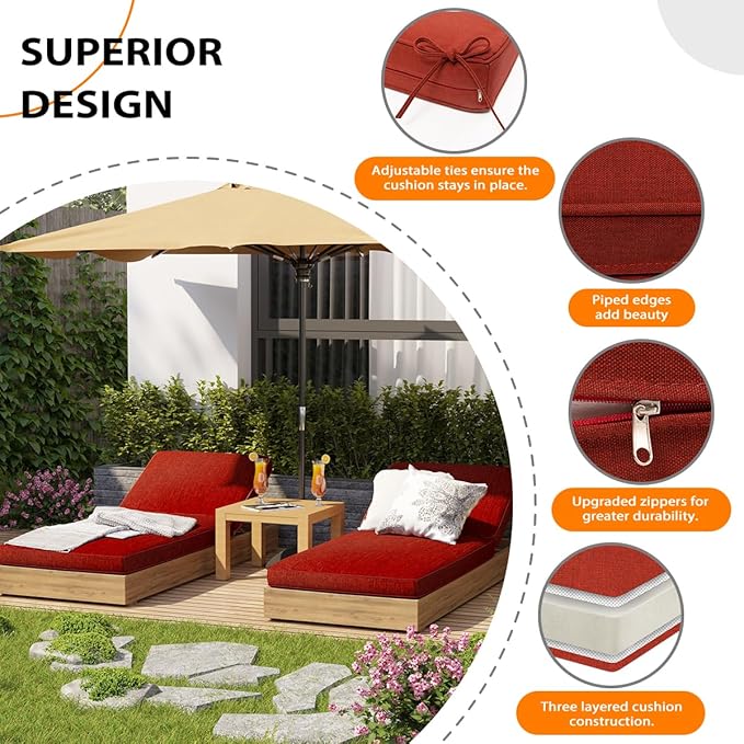 Sundale Outdoor Olefin Chaise Lounge Cushion, Water-Resistant Patio Lounge Chair Cushion, Thick Lounger Pad with 4 Straps Red, 80 x 26 x 4 Inches