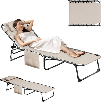 Outdoor Lounge Chair, Foldable Reclining Chaise Lounge with Detachable Pillow & Side Pocket, 4-Position Recliner Tanning Chair for Beach, Pool, Lawn, Backyard, Beige, 2 Packs