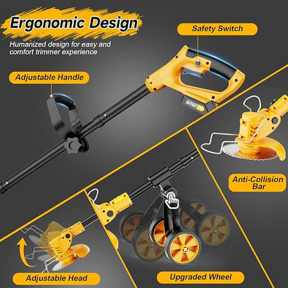 Electric Weed Wacker Cordless with Wheels,Electric Weed Eater Battery Powered 4000mAh,4 in 1 Grass Trimmer/Brush Cutter/Grass Edger/Small Lawn Mower,No String Trimmer with Blade, 2 Battery (Yellow)