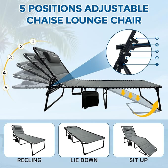 Outdoor Folding Lounge Chair with Removable Canopy & Pillow, Padded Reclining Chaise Lounge Chair 5-Position Heavy Duty Beach Chair for Patio, Beach, Pool, Camping