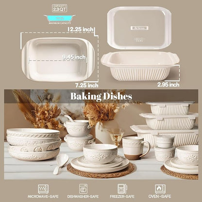 Artena Baking Dish 2.3 Quarts, Casserole Dishes For Oven, Baking Pan With Handles, Lasagna Pan Deep, Large Casserole Dish, Rectangular Ceramic Bakeware (White, With Lid)