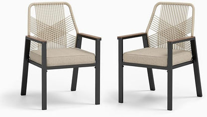 Patio Wicker Chair Sets of 2, Outdoor Dining Chairs with 3.1 inch Seat Cushions, Sturdy Metal Frame & Wood Grain Armrest, Patio Dining Chairs for Porch Backyard, Beige