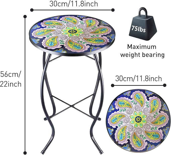 Arbuxzuy 12 Inch Small Outdoor Side Table with Purple Flower, Glass Mosaic Patio Table Indoor, Round Plant Coffee Table for Living Room, Balcony, Garden